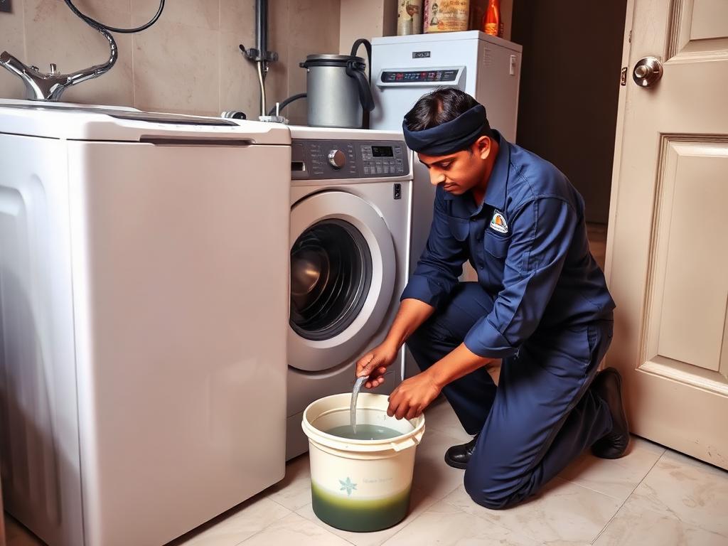 Technician checking a blocked washing machine drain hose into a bucket at a home in Bangalore