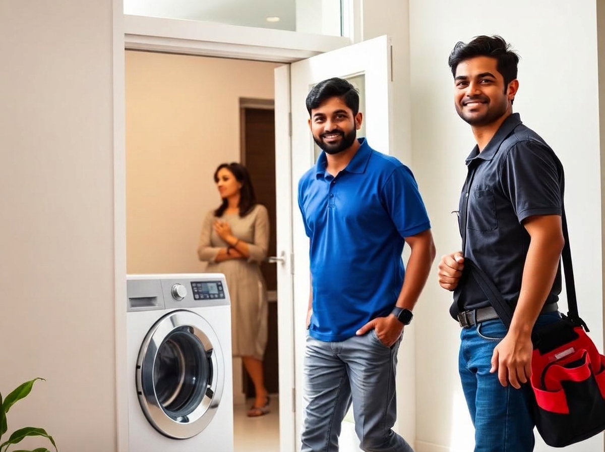 Washing machine repair technician arriving at a customer's doorstep in Bangalore