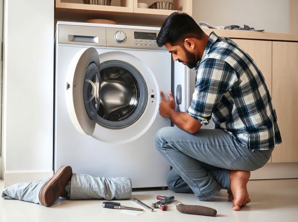 Technician repairing a front-load washing machine at a Bangalore home