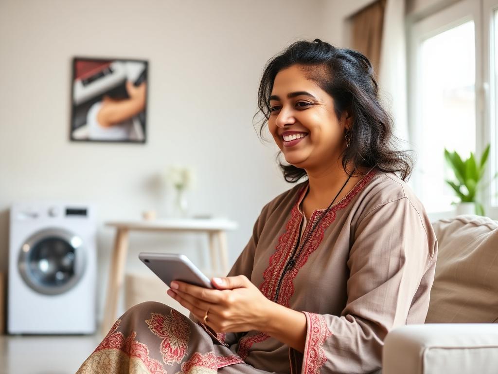 Indian woman calling to book a washing machine repair in Bangalore