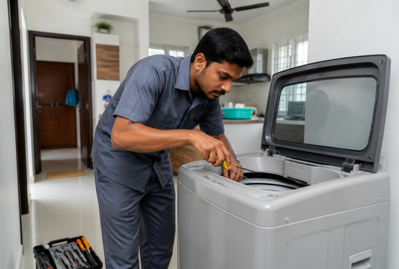 Technician repairing a top-load washing machine at a home in Bangalore